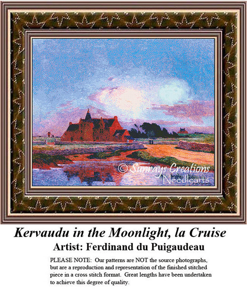 An impressionistic landscape of a castle surrounded by colorful trees and fields, designed as a counted cross stitch pattern, perfect for your next.