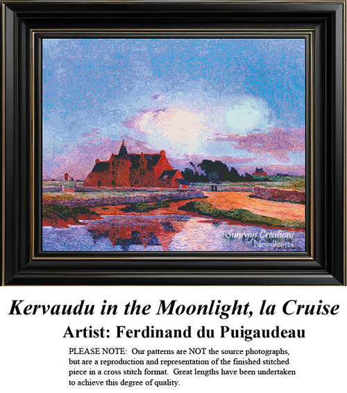 An impressionistic landscape of a castle surrounded by colorful trees and fields, designed as a counted cross stitch pattern, perfect for your next.