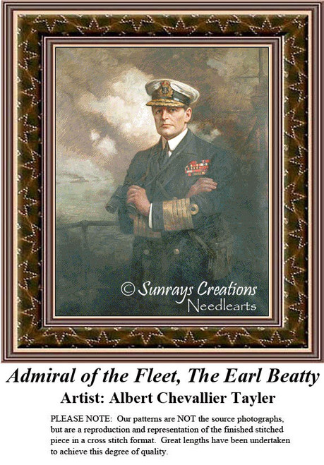 A distinguished gentleman in military uniform stands against a cloudy background, composed as a counted cross stitch pattern.