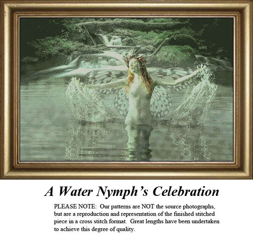 A water nymph stands in a serene pool, her wings spread wide, come to life as a counted cross stitch design.