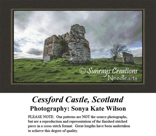 Ruins of Cessford Castle stand against a cloudy sky in this downloadable pattern, ideal for creating a cross stitch landscape using DMC floss.