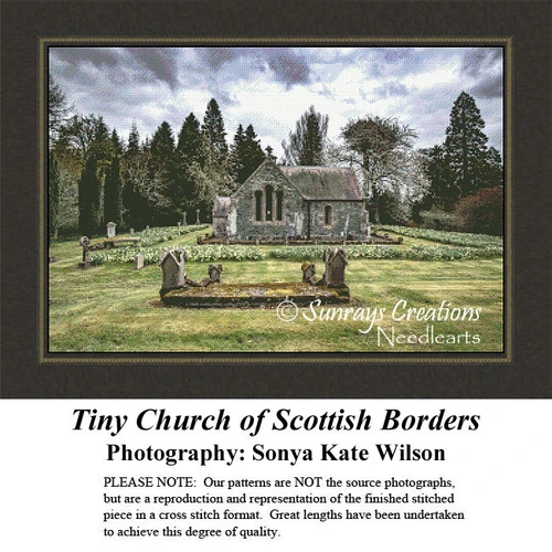 A quaint church surrounded by tall pines and a bed of daffodils, rendered as a large counted cross stitch pattern, perfect for springtime stitching.