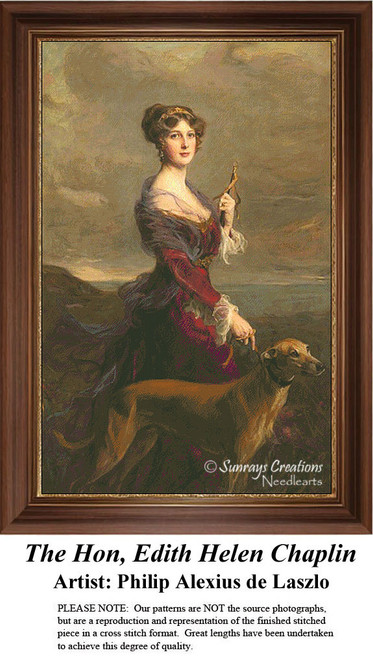 A young woman holding a cane walks her greyhound along the shore, designed as a counted cross stitch pattern from Philip Alexius de Laszlo's painting.