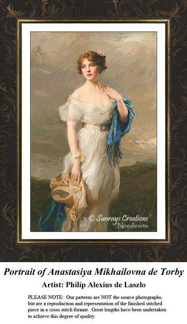 A young woman in a flowing dress stands elegantly, styled with soft curls, in this counted cross stitch chart by Philip Alexius de Laszlo.