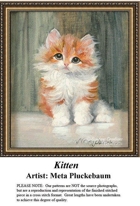 A fluffy tabby cat with big eyes sits upright against a textured background, available as a counted cross stitch pattern.