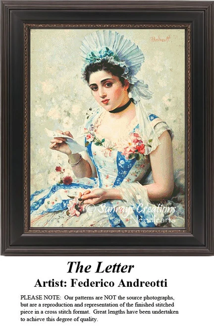 A young woman with a gentle expression holds a letter, her attire adorned with floral patterns, brought to life as a counted cross stitch pattern.