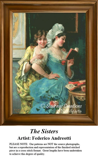Two sisters playfully interact, with the older one reading while the younger tries to distract her. This printable pattern is by Federico Andreotti.
