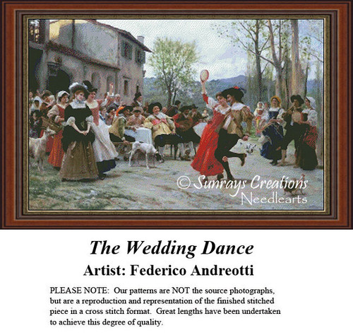 A lively street scene with a happy couple dancing at their wedding, yours to stitch as a counted cross stitch chart by Federico Andreotti.