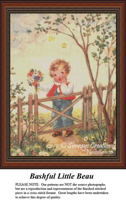 A young boy stands shyly by a wooden fence, holding a bouquet of flowers, portrayed in this counted cross stitch pattern titled Bashful Little Beau.