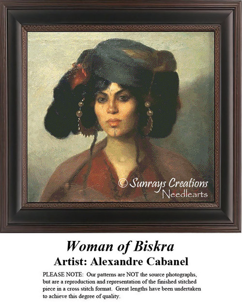 A woman wearing a cultural headdress and facial markings, composed as a counted cross stitch pattern by Marie Caire-Tonoir.