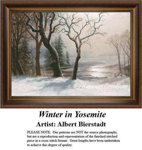 A serene winter landscape with trees and a river, offered as a counted cross stitch pattern from art by Albert Bierstadt.