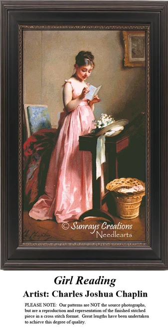 A young girl in a pink satin gown reads a pamphlet at a wooden desk with flowers, offered as a PDF pattern for cross stitch.