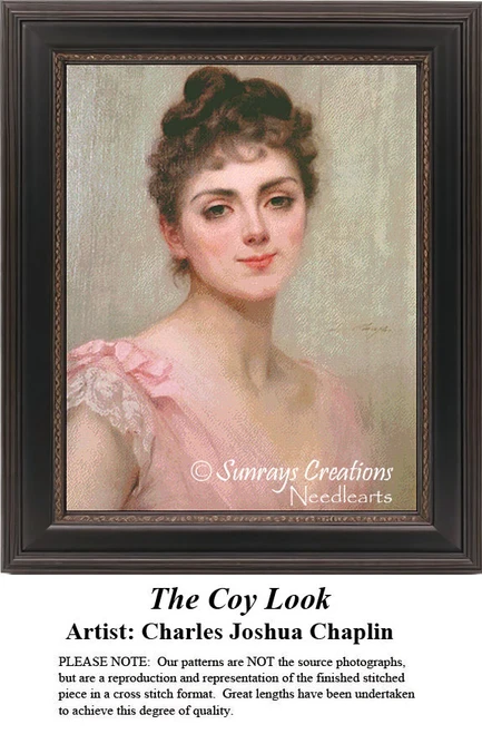 A young woman with a coy expression, dressed in soft pink, is the focus of this digital pattern inspired by the work of Charles Joshua Chaplin.