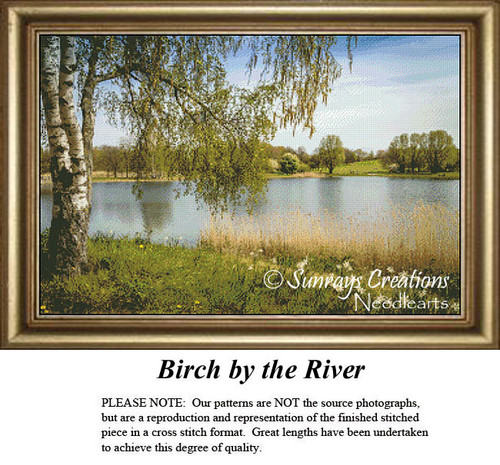 A serene landscape featuring a white birch tree with sweeping branches beside a tranquil river, ideal for a cross stitch project on aida cloth.