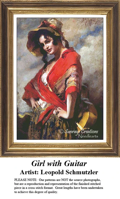 A detailed counted cross-stitch pattern preview of Leopold Schmutzler's romantic genre painting, "Girl with Guitar." The elegant design showcases a young woman thoughtfully holding a acoustic guitar, draped in fluid fabrics under warm, soft interior light.