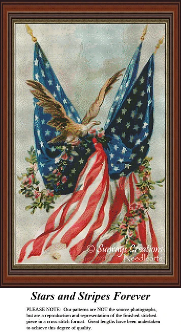 A Bald Eagle wraps a garland around the American flag, showcasing a patriotic scene in this xstitch pattern designed for DMC floss on aida cloth.