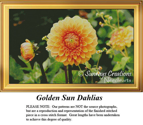 A vibrant image of golden dahlias blooming on strong stems, designed as a counted xstitch kit, ideal for flower enthusiasts who enjoy DMC floss.