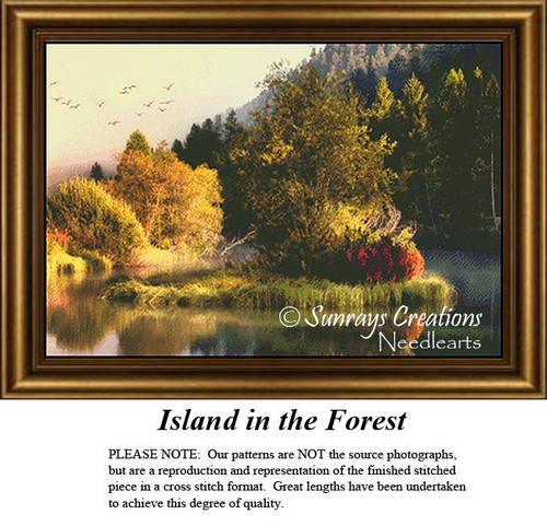 A vibrant island with fall-colored trees is surrounded by water, composed as a counted cross stitch pattern.