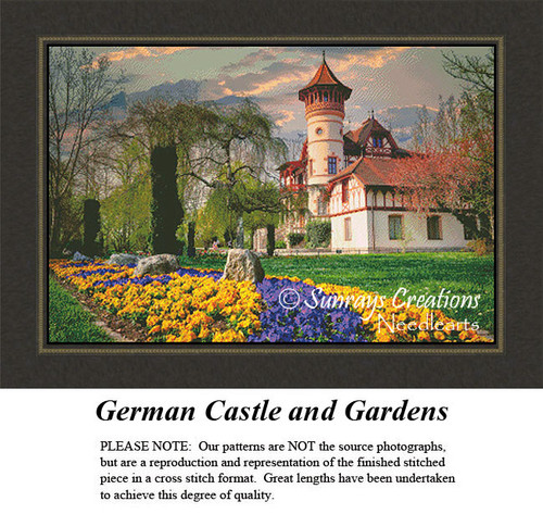 A castle with unique architecture stands amidst lush greenery and vibrant flower beds, available as a digital pattern for cross stitch enthusiasts.