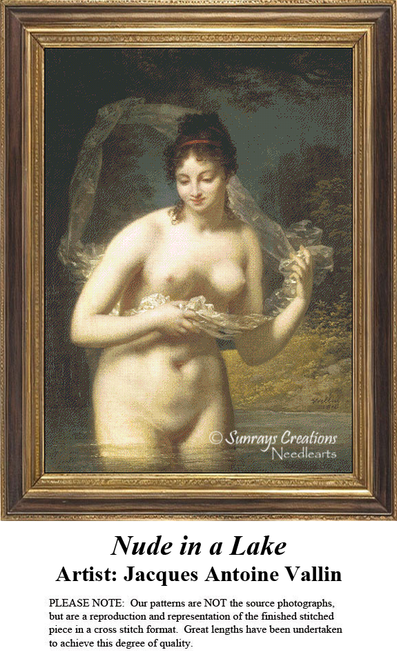 A detailed counted cross-stitch pattern preview of Jacques Antoine Vallin's painting, "Nude in a Lake." The Neoclassical landscape design depicts a bather wading into a peaceful woodland lake, capturing idyllic tranquility.