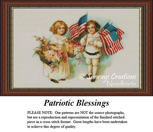 Two children pose with baskets of flowers and American flags, transformed into a counted cross stitch pattern celebrating patriotic blessings.