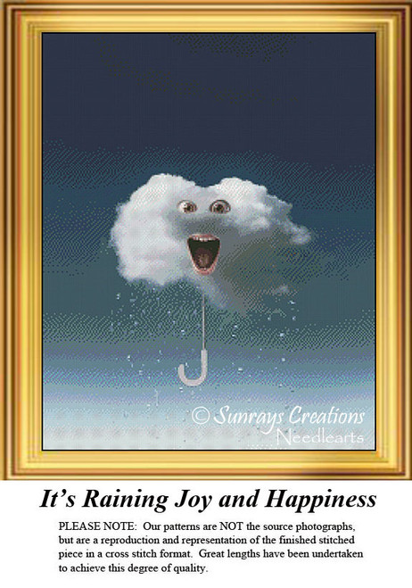 A cheerful cloud with a wide grin and expressive eyes, raining joy with drops falling from a hook. This is a playful cross stitch chart design.
