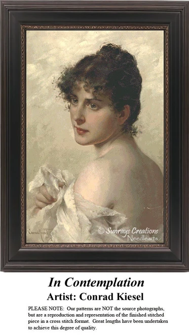 A woman gazes thoughtfully over her shoulder, rendered in soft colors, in this xstitch kit from Conrad Kiesel's artistic period.