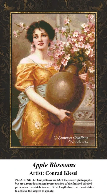 A woman in a golden gown holds a large amphora overflowing with pink apple blossoms, designed as a PDF pattern from Conrad Kiesel's artwork.