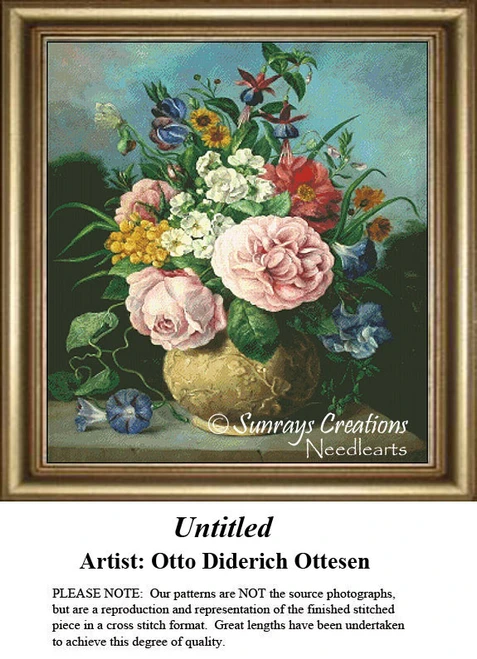 A bouquet with roses, morning glories, and dahlias in soft pastels and vibrant colors, designed as a downloadable pattern by Otto Diderich Ottesen.