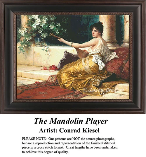 A woman relaxes on plush pillows, playing the mandolin, brought to life as a counted cross stitch pattern by artist Conrad Kiesel.