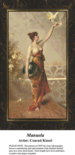 A tall, slender woman holds a bowl in one hand, with a white parrot perched on the other, in this counted cross stitch chart by Conrad Kiesel.
