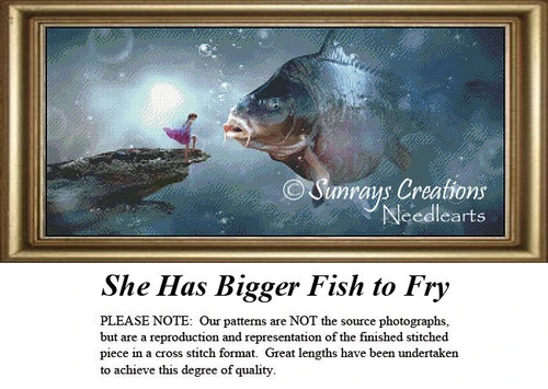 A girl stands on a rocky ledge as a large fish approaches her, brought to life as a counted cross stitch pattern.