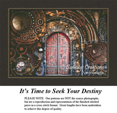 An elaborate gateway adorned with gears and timepieces, this xstitch chart titled "It's Time to Seek Your Destiny" invites exploration into adulthood.