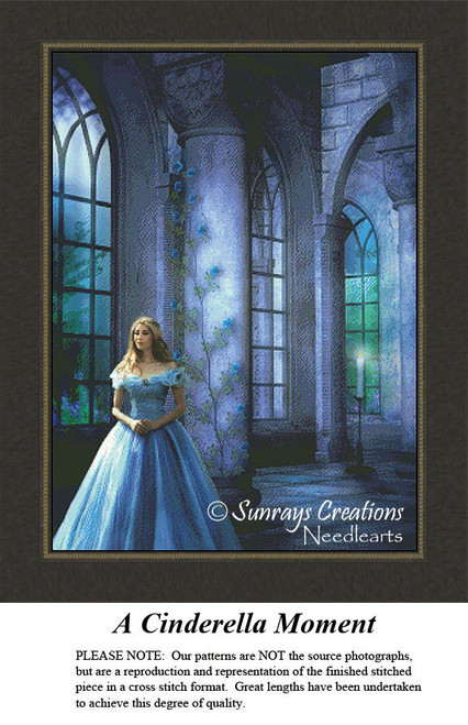 A young woman in a blue gown stands in a stone archway, surrounded by windows and soft light, come to life as a counted cross stitch design.