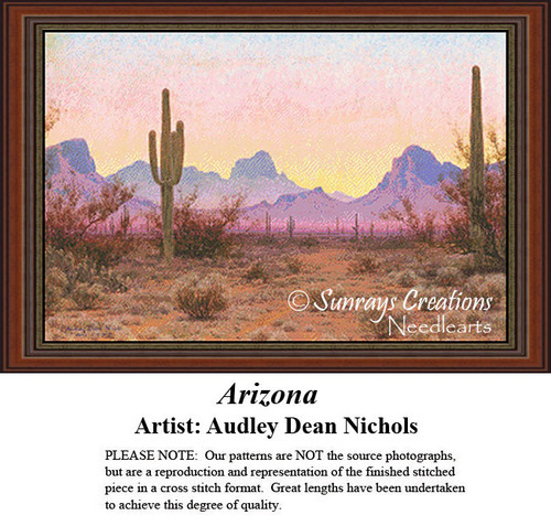 A colorful desert scene with large saguaro cacti and pink mountains against a yellow sky, yours to stitch as a counted cross stitch chart.