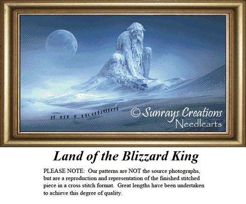 A massive frozen being sits atop a mountain under a full moon, surrounded by travelers braving a blizzard, as a counted cross stitch kit.