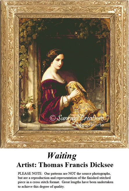 A young woman in ornate attire sits on a window ledge, waiting for her lover in this counted cross stitch design by Thomas Francis Dicksee.