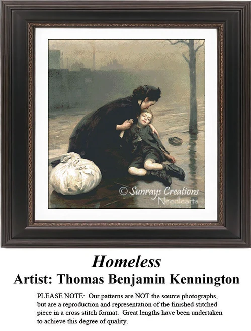 A mother kneels over her weak son in a somber urban setting, depicted in a xstitch chart from Thomas Benjamin Kennington's artwork, Homeless.