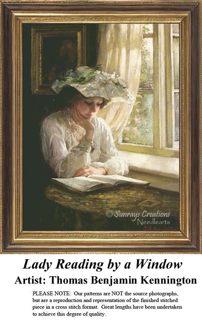 A woman in a white dress sits by a sunlit window, deeply absorbed in a book, as designed in this cross stitch kit by Thomas Benjamin Kennington.