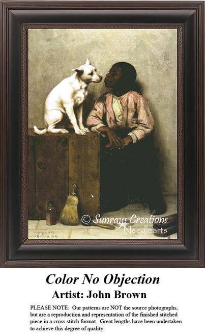 A young boy and his dog share a moment, emphasizing love beyond color differences in this xstitch pattern by John Brown.