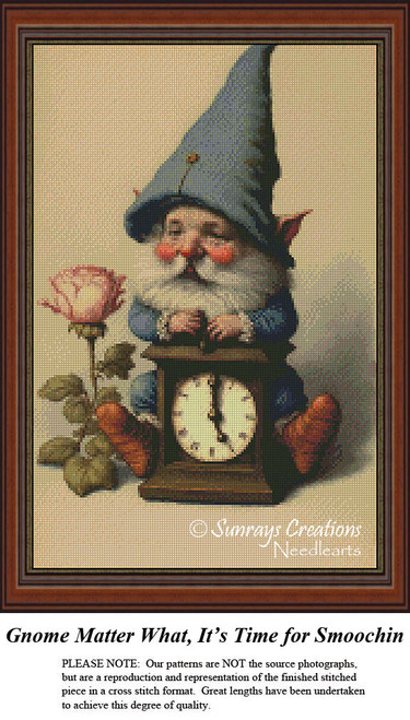 A gnome with a blue hat sits beside a clock showing 5:00 p.m., holding a rose, ready for a romantic moment in this BAP cross stitch design.