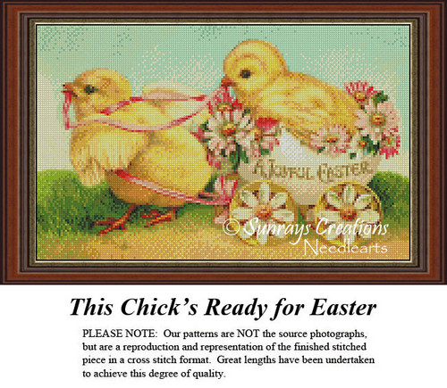 Two fluffy yellow chicks, one pulling the other in a cart adorned with flowers, are ready for Easter in this counted cross stitch kit.