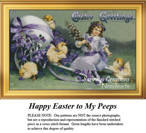 A young girl in Easter attire plays with cute chicks near a large decorated egg, shown as a counted cross stitch chart ready for your next project.