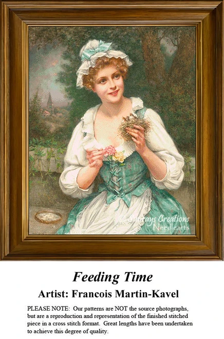 A young woman in a garden gently holds a bird's nest with three chicks, in this xstitch design from Francois Martin-Kavel's charming painting.