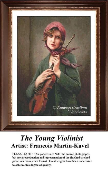 A young woman cradles her violin, looking protectively at it, surrounded by soft colors in this xstitch kit from Francois Martin-Kavel.