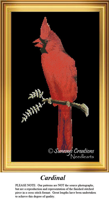A male cardinal sits on a branch, displaying his bright crimson feathers against a black background in this digital file cross stitch pattern.