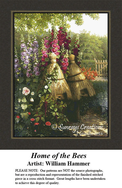 Two beehives nestled in a vibrant garden filled with flowers, shaded by a large tree, designed as a cross stitch project by William Hammer.