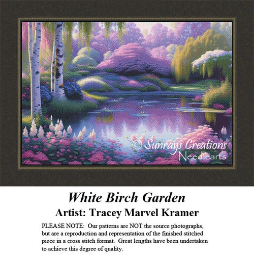A colorful garden scene with white birch trees, flowering shrubs, and a tranquil pond, designed as an xstitch pattern for stitching enjoyment.