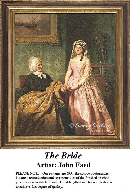 A bride in a pink gown holds hands with her grandmother, who holds a colorful quilt, creating a lovely xstitch design by John Faed.