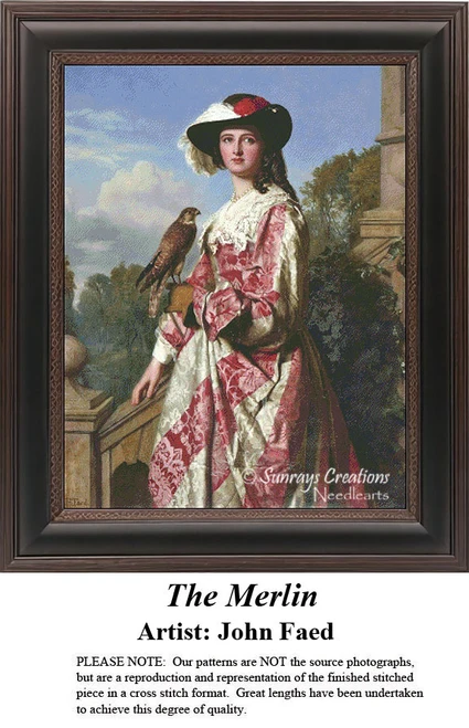 A young woman in a red and white dress holds a Merlin bird on her gloved hand, crafted as a xstitch kit by artist John Faed in a classic style.